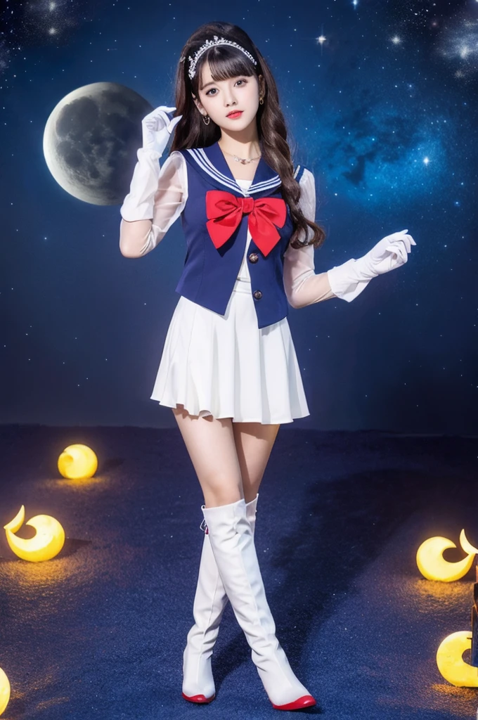 masterpiece, Highest quality, (1 Girl), Super Sailor Moon, Cowboy Lens, night sky, moonlight, night, White gloves, blue eyes, Galaxy Background, Colorful clothes, , Blue Skirt, hair ornaments, Red Bow, brooch, heart brooch, Earrings, Crescent Moon, heart necklace, heart, Very long hair, Crescent Moon moon Earrings, tiara, Yellow Necklace, boots, knee boots, Red Shoes, Long legs
