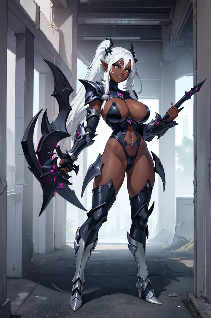 (masterpiece, best quality, high resolution, ((full body, standing,)), ((big breasts)) a dark elf woman,, white eyes, white hair tied in 2 long pigtails, ((dark skin)) full body silver fantasy armor, evil smile, daggers in hands, full body
