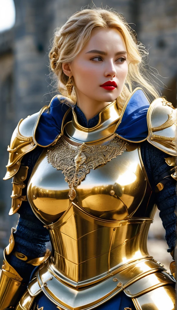 masterpiece,highest quality,upper,(Female Knight_female knight:1),(Full body golden armor:1.3), (35歳のfemale knight:1.3),、Big and ample breasts, Big Breasts,Big Breasts,belly button,Hyper Real,You are in a battlefield in a medieval European city.,Expressionless,、British Blonde women、Delicate skin texture to the smallest detail 、(Detailed blue eyes)、(Chubby body type))、(Very large)、Middle-aged women、(ふわふわbiondeの長い髪)、Wheat tanned skin、(bionde)、Very large、European female knight、big breasts cleavage、Luxuriously decorated full body golden armor、Medieval Knight、High Leg、Golden long boots with flashy decorations、Deep neckline、Pure gold and jewellery necklaces and collars、Big gold earrings、Bright red lips、Wearing gorgeous full body golden armor、Gold Long Gloves、She has a big long sword、The sword is ornately decorated..........................、The blade is pitch black、(female knight)、(battlefield)、