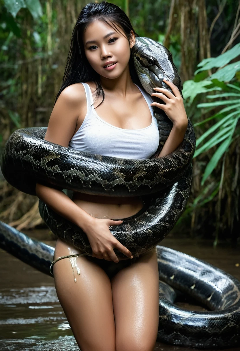 Top quality, masterpiece, super high resolution, real photo, raw photo, cute, beautiful Filipino young girl, happy expression, joy, glossy skin, dramatic lighting, full body, full body wet, dirty white tank top, sheer with thin fabric, white shirt dirty with mud, beautiful breasts, beautiful ass, butt sticking out, creepy, in the dark jungle, waterside, black large titanboa , slim, long limbs, slimy, slim Sleeping on large titanboa a large giant black titanboa wrapped around her neck, a large titanboa wrapped around her body, a titanboa’s head from between her crotches, a titanboa and a titan’s intertwining their tongues and kissing, a girl hugging giant titanbo a girl and a large titanboa staring at each other Many large anacondas horny aroused tentacle sex large object penetration nsfw snake tongue kissing blowjob bestiality
