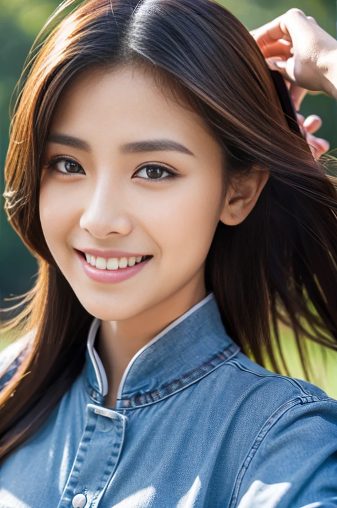Giant beauty created using gene editing technology:1.3，Attractive Shandong female model，elongated face:1.4，Highlighting the extremely exaggerated feminine muscular and strong body，Head close-up，Sexy belly:1.3，，Smile，Perfect iris，Top quality，16K，Ultra-high resolution，Top-level detail presentation，real picture，Sony Master Lens