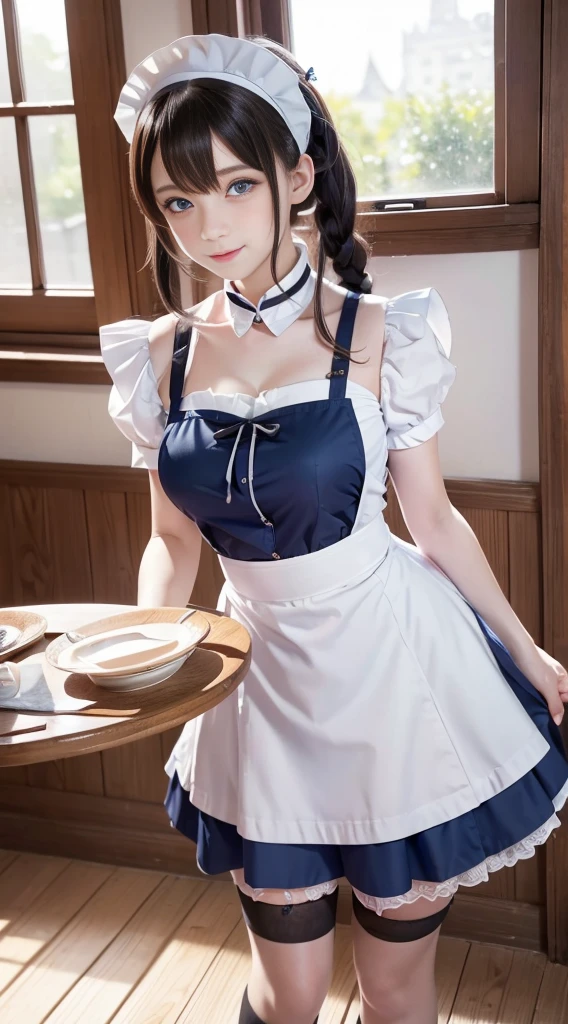 🎨 Model: MeinaMix V8 🔍 Keywords: apron, blue eyes, Garter, Composition anime girl shows charming charm, Maid uniform, Reality, Highly realistic photos taken with a Canon camera, Very high quality and high definition