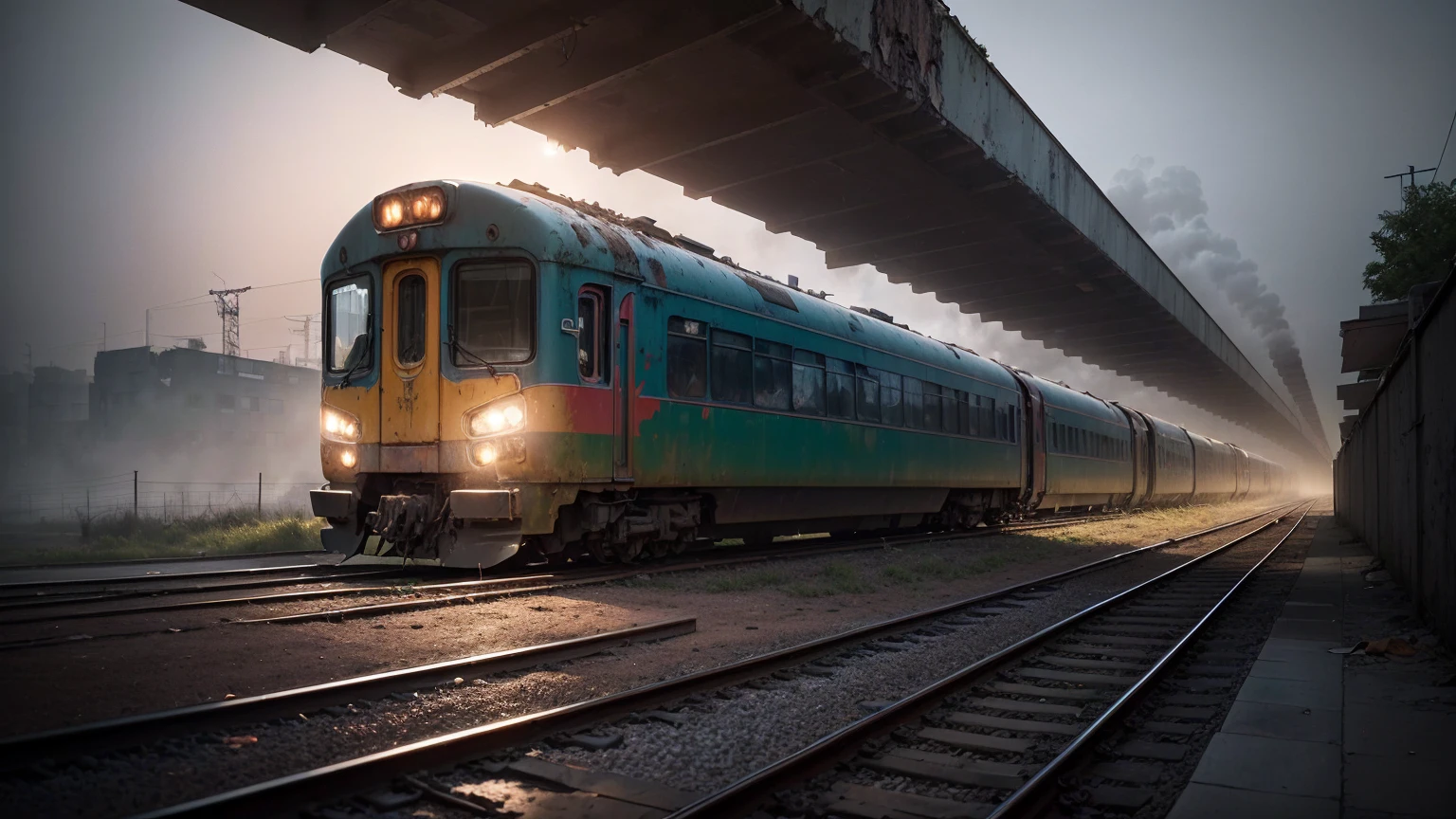 (Night, Dark, terrible, Ghastly, dreariness:1.9), (foggy:1.7), (There is a railway nearby:1.5), (Dilapidated trains on railways:1.6), (Chaotic and dirty alleys:1.3), ((((Multi-storey and complex buildings)))), (Dilapidated building:1.6), (brick walls:1.3), (Ray tracing, The lighting is correct:1.8), (Photorealistic:2), ((hyper HD, tmasterpiece, Super detail, offcial art)),