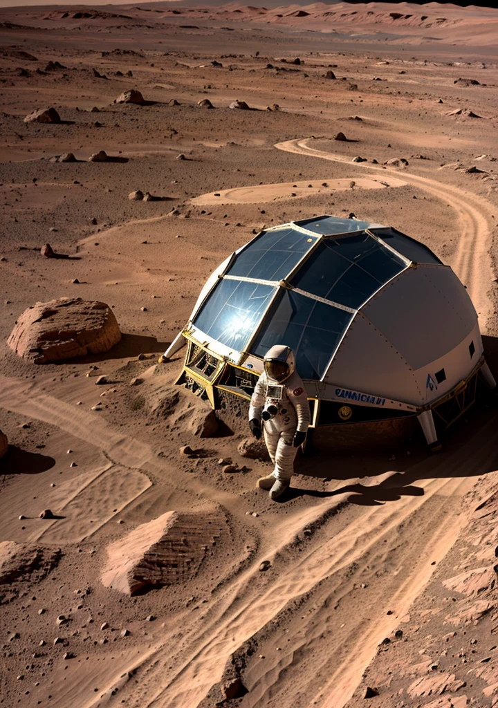 A detailed front view of an astronaut on Mars. The astronaut is wearing a high-tech, advanced spacesuit with various instruments and gadgets visible on the suit. The suit is predominantly white with metallic accents, featuring the NASA logo and patches. The helmet's visor is reflective, showing a glimpse of the Martian landscape. The background consists of Mars' iconic reddish, rocky terrain with scattered boulders and dust. There are distant mountains under a clear, thin atmosphere sky, slightly hazy from the Martian dust. The astronaut stands confidently, with the planet's surface clearly visible around their feet.