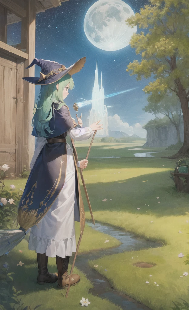 masterpiece, best quality, ultra-detailed, illustration, 1girl, solo, fantasy, flying, broom, night sky, outdoors, magic, spells, moon, stars, clouds, wind, hair, cape, hat, boots, broomstick, glowing, mysterious, enchanting, whimsical, playful, adventurous, freedom, wonder, imagination, determination, skill, speed, movement, energy, realism, naturalistic, figurative, representational, beauty, fantasy culture, mythology, fairy tales, folklore, legends, witches, wizards, magical creatures, fantasy worlds, composition, scale, foreground, middle ground, background, perspective, light, color, texture, detail, beauty, wonder.