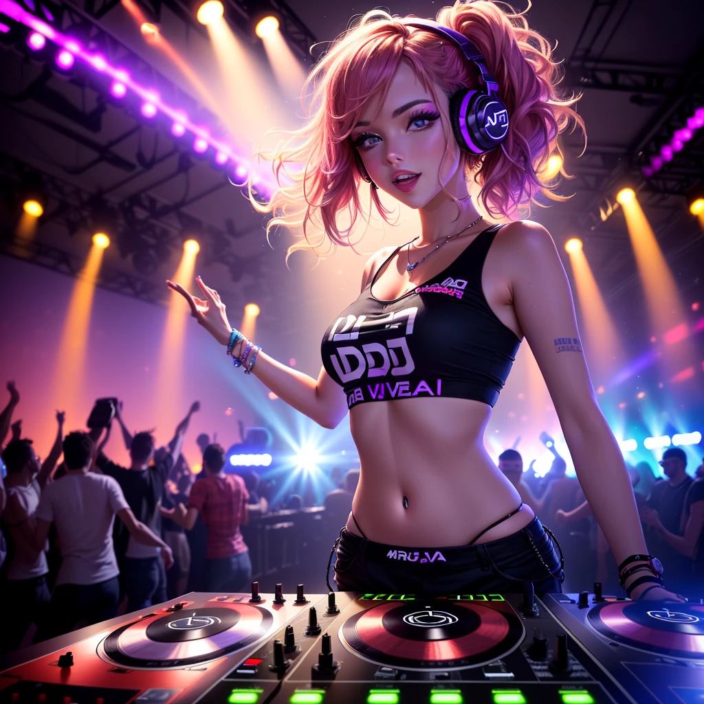 ((best quality)), (high detail), (official art), (1girl), DJ mixing vinyl records, (good vibes), LED headphones, (high energy), music festival), (Artist), music notes in the air, (action pose), vibrating beats, neon amber eyes, full moon dance party, HDR, 4K, 3D