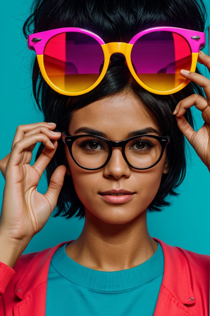 A woman with short dark hair, wearing big colorful glasses and holding a cassette tape in front of his face covering his face in front of a bright neon background