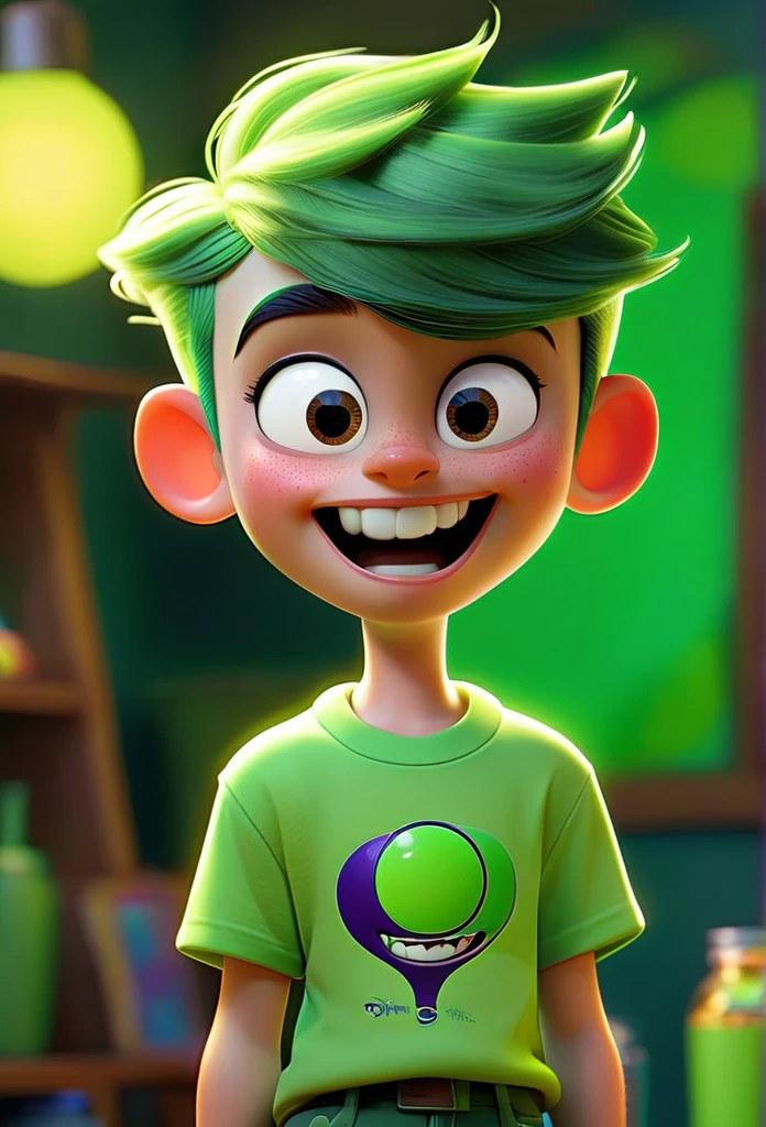 Funnily film character, disney pixar style , 3d, a boy with green skin happy playing representing emotion fun, with short neon green hair, wearing light green fun t-shirt and dark green shorts, greeneyes, smilling face, green skin color , vibrant and colorful background 8k quality Creation