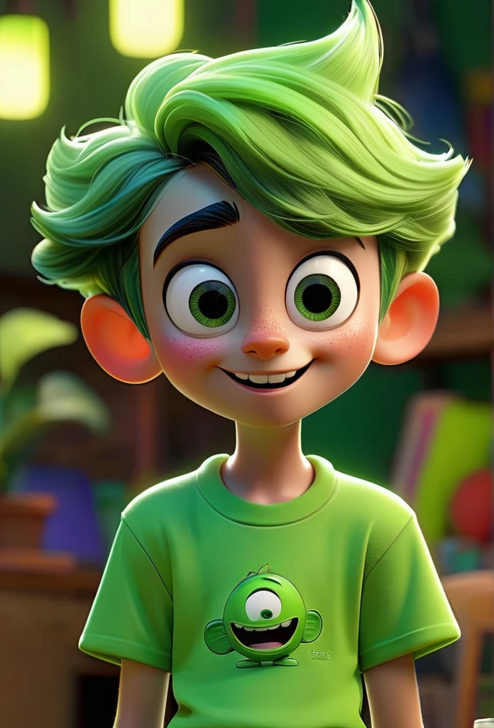 Funnily film character, disney pixar style , 3d, a boy with green skin happy playing representing emotion fun, with short neon green hair, wearing light green fun t-shirt and dark green shorts, greeneyes, smilling face, green skin color , vibrant and colorful background 8k quality Creation
