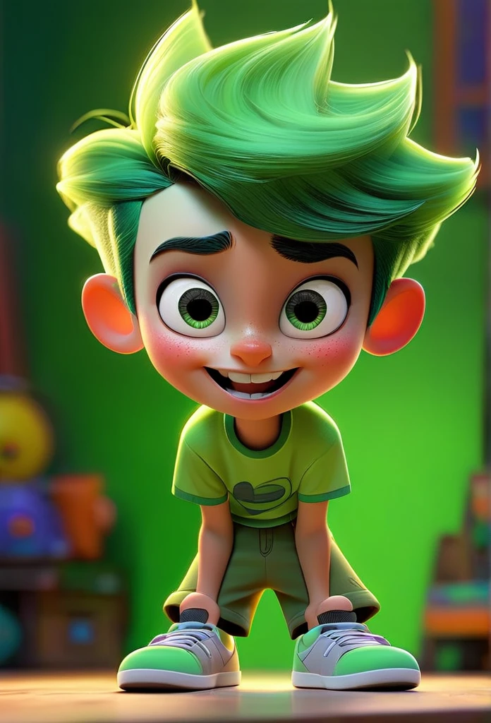Funnily film character, disney pixar style , 3d, a boy with green skin happy playing representing emotion fun, with short neon green hair, wearing light green fun t-shirt and dark green shorts, greeneyes, smilling face, green skin color , vibrant and colorful background 8k quality Creation