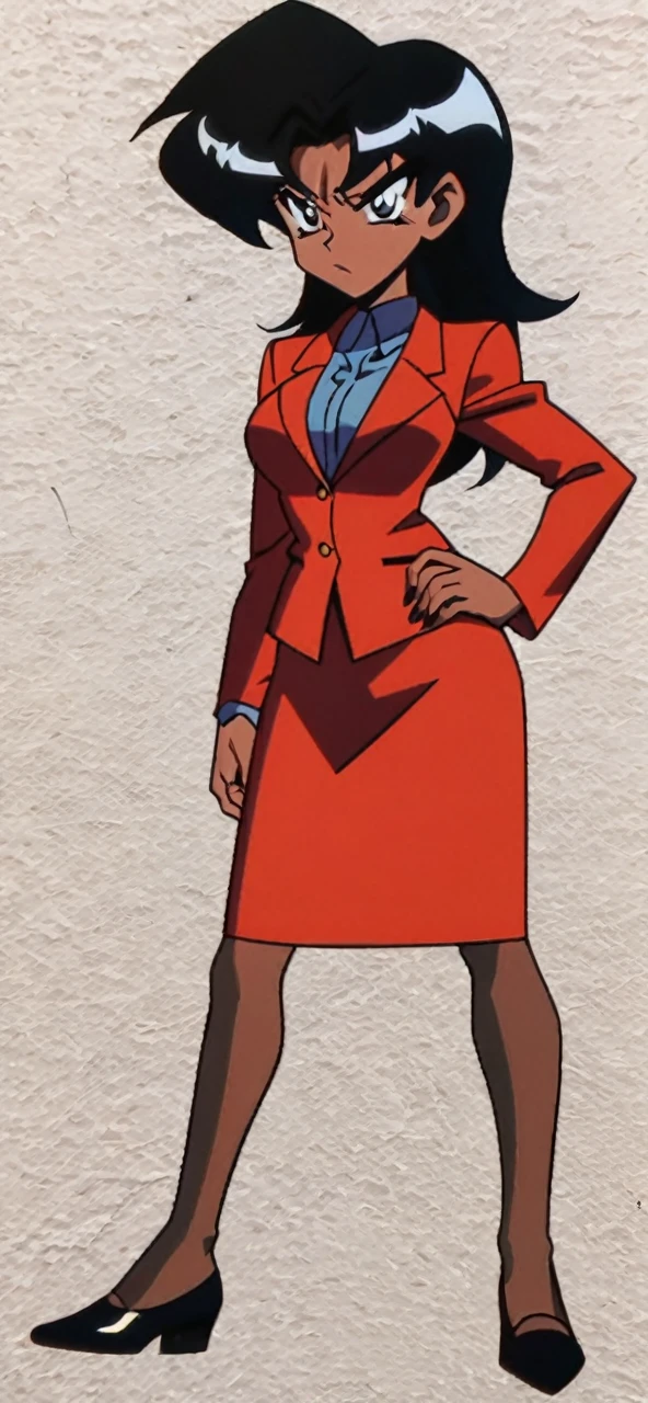 EVIL BLACK BUSINESS WOMAN WEARING A BLOUSE WITH A RED SKIRT SUIT 90s anime art style full body