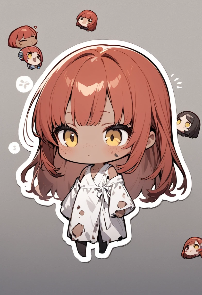 full body,1 girl, Android girl, (cute:1.3),red Hair, long hair,left eye yellow, right eye blus, tan skin, freckles, {Bare shoulders, oversized torn hospital gown, old, dirty material,chibi emote, chibi character, emotionless eyes, sad face, no shoes