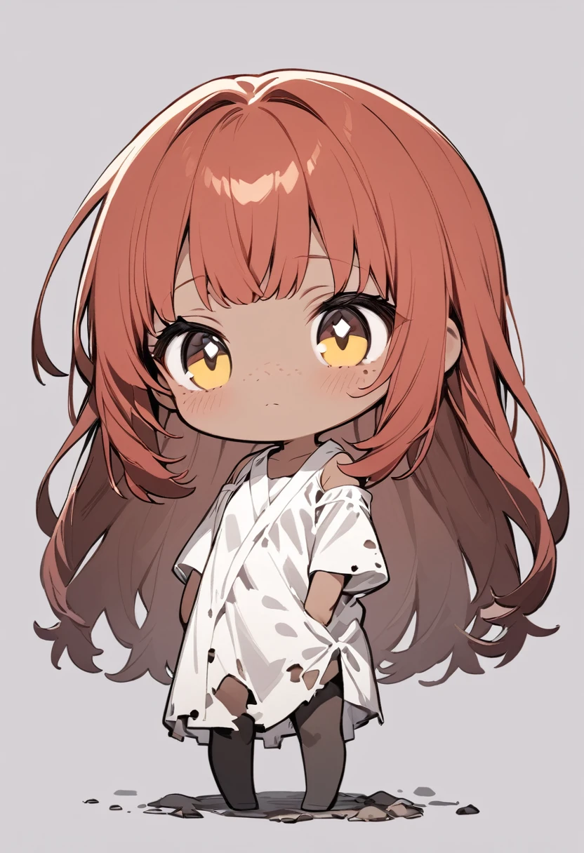 full body,1 girl, Android girl, (cute:1.3),red Hair, long hair,left eye yellow, right eye blus, tan skin, freckles, {Bare shoulders, oversized torn hospital gown, old, dirty material,chibi emote, chibi character, emotionless eyes, sad face, no shoes
