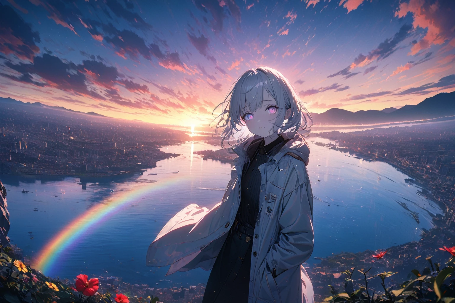 Angelic, detailed woman, sunrise, rainbow, After the Rain, horizon, In the sky, city , Lens flare, colorful,coat,Put your hands in your pockets,(student, 18-year-old, ＪＫ, Her short silver hair sways, Space-colored eyes, Pale skin, Tired face、Lack of eye sparkle) Look up at the sky, Beautiful sky,There is a lake、The scenery looks beautiful, Looking up at the wide sky, Colorful summer flowers are blooming everywhere., I see the wind blowing and shining, In the skyは正午の月と正午の星がある,From below, break ,quality(8K,非常に精細なCGユニットのwallpaper, masterpiece,High resolution,top-quality,top-quality real texture skin,Surreal,Increase the resolution,RAW Photos,最高quality,Very detailed,wallpaper,Cinema Lighting,Ray Tracing,Golden Ratio),Have a long-term perspective