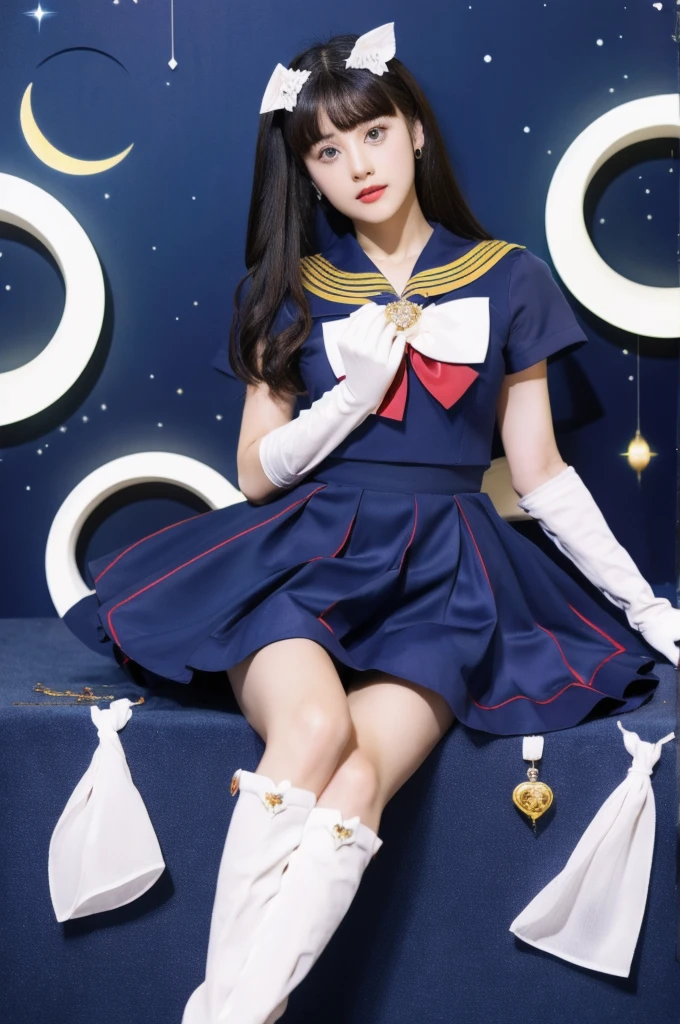 masterpiece, Highest quality, (1 Girl), Super Sailor Moon, Cowboy Lens, night sky, moonlight, night, White gloves, blue eyes, Galaxy Background, Colorful clothes, , Blue Skirt, hair ornaments, Red Bow, brooch, heart brooch, Earrings, Crescent Moon, heart necklace, heart, Very long hair, Crescent Moon moon Earrings, tiara, Yellow Necklace, boots, knee boots, Red Shoes, Long legs
