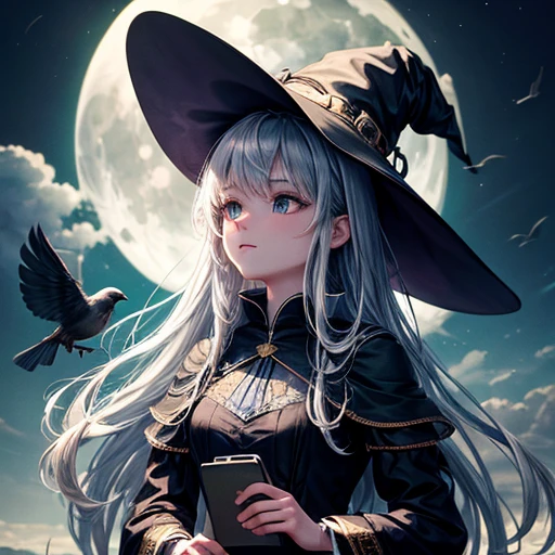 Highest quality, Very detailed, masterpiece, Super detailed, cloud, witch_Have, Have, One girl, null, green_null,Day, length_hair, cloudy_null, moon,bird, alone, Silver_hair, witch, Outdoor 