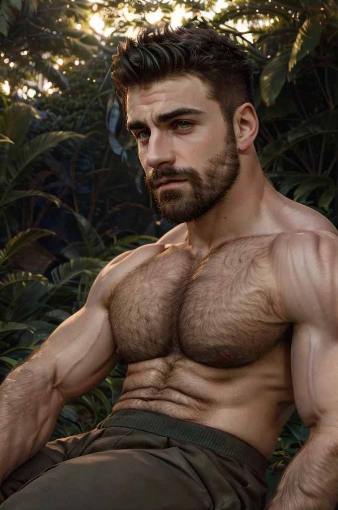 a handsome muscular man sitting in a garden, highly detailed, 8k, ultrarealistic, photorealistic, cinematic lighting, professional photography, sharp focus, perfect masculine facial features, stubble, green eyes, flawless hairy muscular physique, detailed environment, lush greenery, dramatic shadows, volumetric atmosphere, cinematic film still,