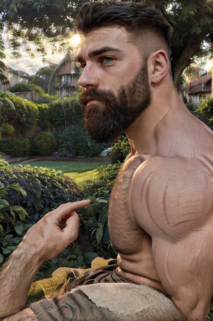 a handsome muscular man sitting in a garden, highly detailed, 8k, ultrarealistic, photorealistic, cinematic lighting, professional photography, sharp focus, perfect masculine facial features, stubble, green eyes, flawless hairy muscular physique, detailed environment, lush greenery, dramatic shadows, volumetric atmosphere, cinematic film still, 