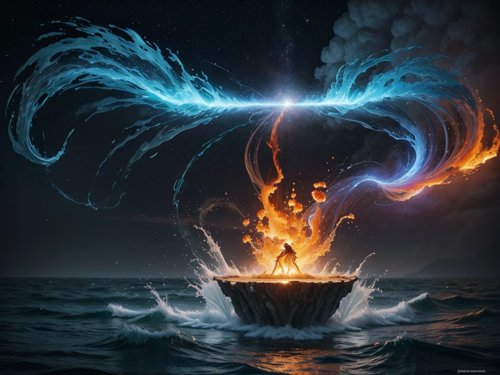 image of a mystical world where the elements of fire, water, Earth and air come to life with dynamic scenes where elemental magic is at play, capturing the raw power and beauty of these natural forces.