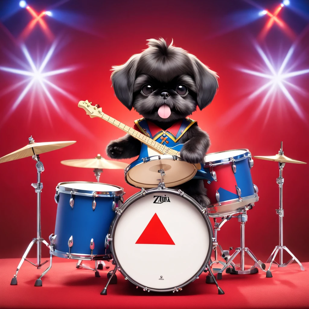 2 Adorable small black Shih Tzu puppies wearing red sunglasses playing guitar playing drums on concert stage red white and blue background Pixar 3D cartoon
