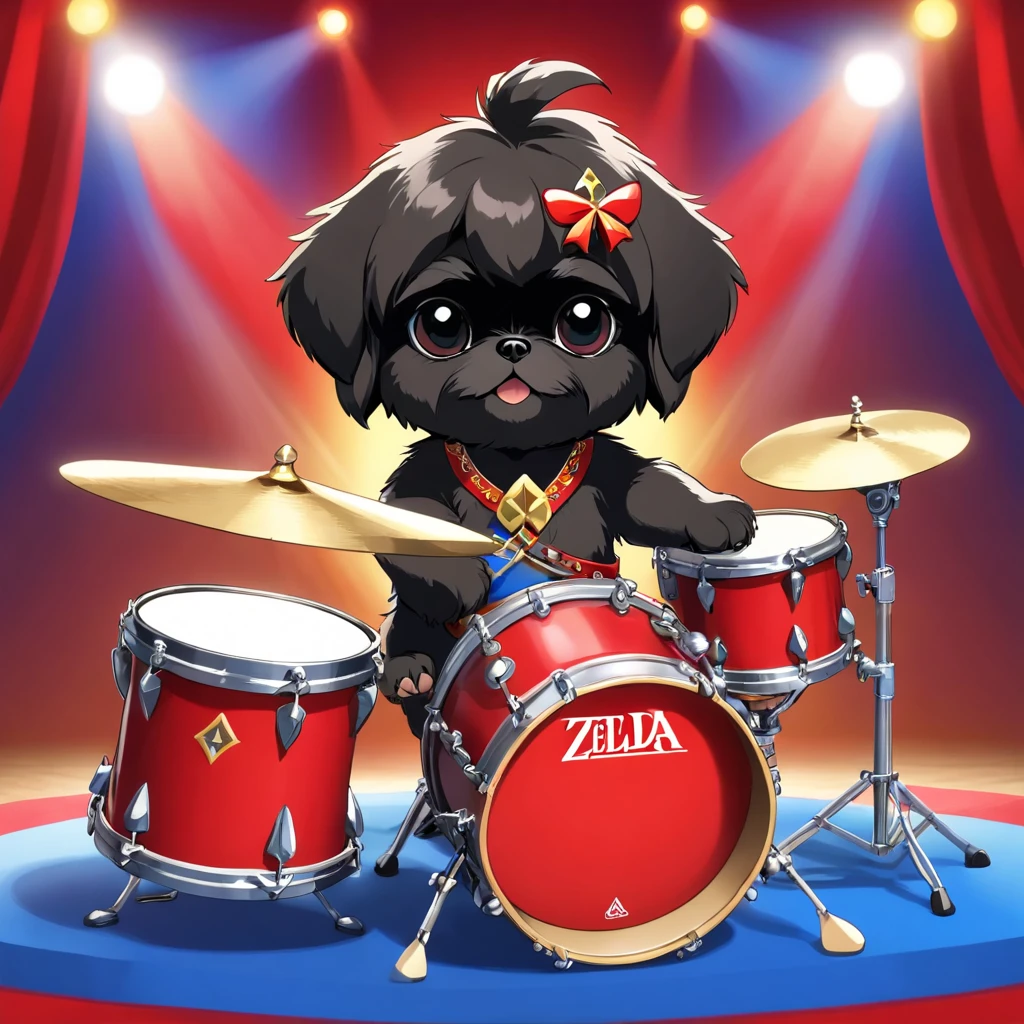 2 Adorable small black Shih Tzu puppies wearing red sunglasses playing guitar playing drums on concert stage red white and blue background Pixar 3D cartoon
