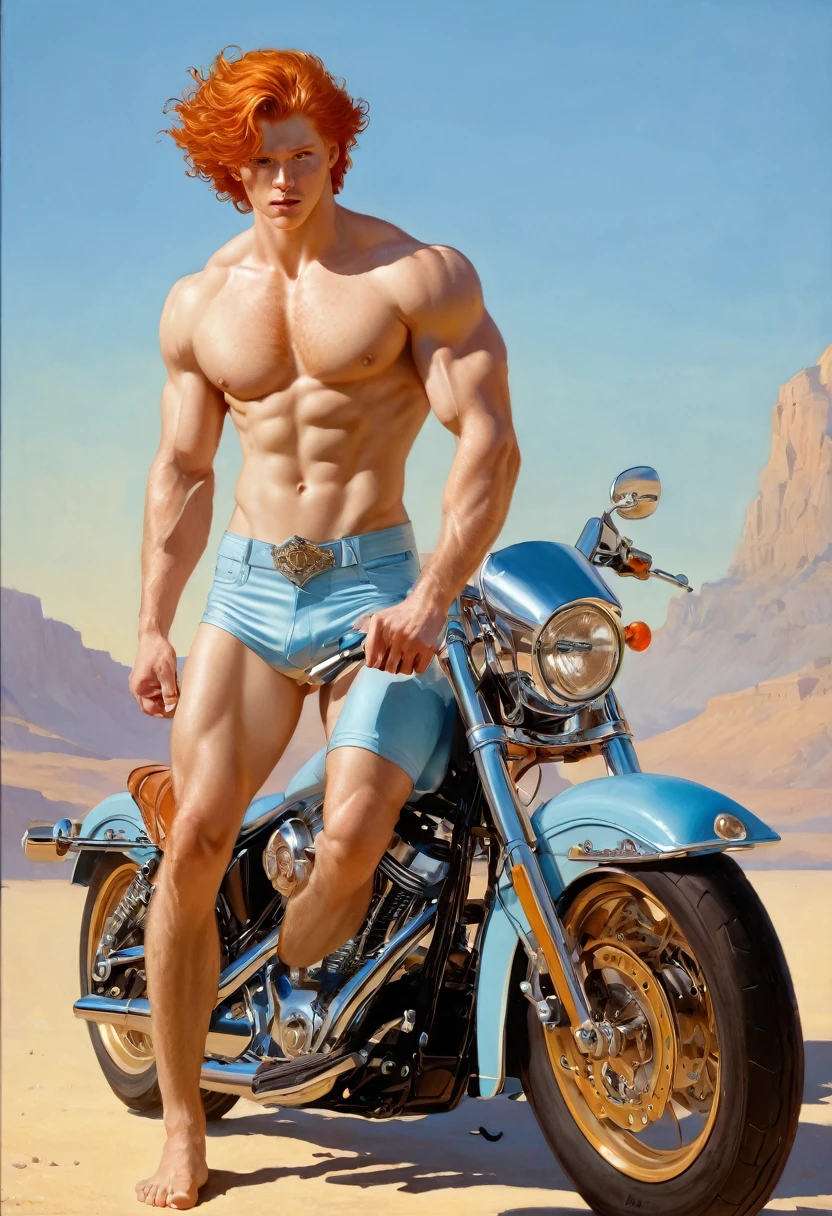  he is a ridding a pastel blue harley davidson motorcycle wide open legs, in the backgroound, pastel color dalle fantacy composition 1 ginger man ridding a blue light pastel harley motorcycle in a dalle scene by Aaron Horkey and Jeremy Mann, masterpiece, best quality, Photorealistic, ultra-high resolution, photographic light, illustration by MSchiffer, fairytale, Hyper detailed A mixture of photography and painting, simetryc Composition, Perfect Divine Proportione, 8k resolution fullbody image,(( view from front)) full body, oil painting A young man, white skin, ginger, barbed, hairy body, thin face, straight nose, thin lips, square chin, large light blue eyes, short red wavy hair, in roberto ferri style, aesthetic slim athletic body, ginger realistic skin, gorgeous, detailed tonned muscles, barefoot, perfect anatomy, muscled fitness body, Young man, perfect anatomy, , energetic splendid, Barefoot, naked, small flacid penis, slim and detailed muscles, shirtless, pantless, fullbody, wearing white lace breeches briets , bulge, sandals, the composition of shadows and lights give an atmosphere of spaciousness,
