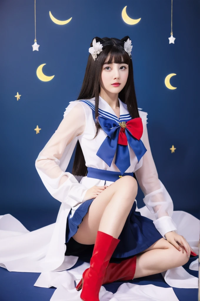 masterpiece, Highest quality, (1 Girl), Super Sailor Moon, Cowboy Lens, night sky, moonlight, night, White gloves, blue eyes, Galaxy Background, Colorful clothes, , Blue Skirt, hair ornaments, Red Bow, brooch, heart brooch, Earrings, Crescent Moon, heart necklace, heart, Very long hair, Crescent Moon moon Earrings, tiara, Yellow Necklace, boots, knee boots, Red Shoes, Long legs
