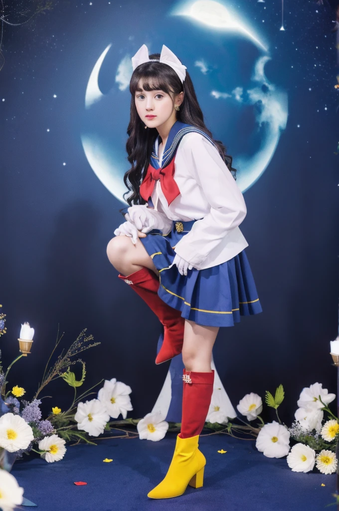 masterpiece, Highest quality, (1 Girl), Super Sailor Moon, Cowboy Lens, night sky, moonlight, night, White gloves, blue eyes, Galaxy Background, Colorful clothes, , Blue Skirt, hair ornaments, Red Bow, brooch, heart brooch, Earrings, Crescent Moon, heart necklace, heart, Very long hair, Crescent Moon moon Earrings, tiara, Yellow Necklace, boots, knee boots, Red Shoes, Long legs