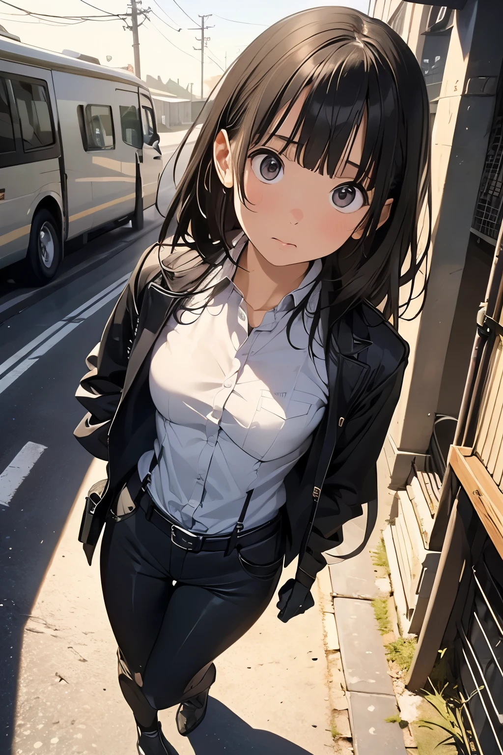 high quality, masterpiece, Ultra-high resolution, (realism: 1.4), Oil painting style, Cinema Lighting, An endless grassland dotted with a few houses, I stood on the empty asphalt road and looked at it., Fairy Mountain々was shrouded in mist, And the suspenders with the cranes flying　　　Moderate breasts　 　 　　　　Small face　 　　　holster　　　　　　　 Lying in bed　Looking up　　　　Sweat 　　　belt　summer　脇Sweat 　Black Hole Gloves　suit　shirt　　Black jacket　 Black trousers　Leg Links　ズボンにbelt　　holster　 　　Hands behind your back　 Anxious expression　Looking up　Anxious face
