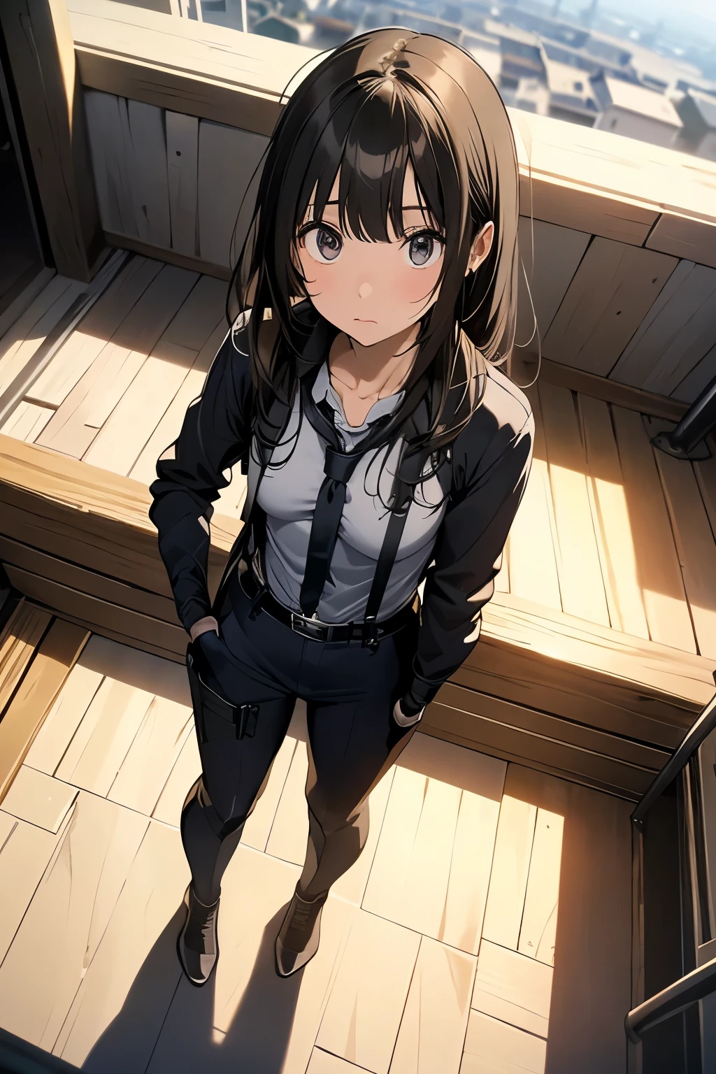high quality, masterpiece, Ultra-high resolution, (realism: 1.4), Oil painting style, Cinema Lighting, An endless grassland dotted with a few houses, I stood on the empty asphalt road and looked at it., Fairy Mountain々was shrouded in mist, And the suspenders with the cranes flying　　　Moderate breasts　 　 　　　　Small face　 　　　holster　　　　　　　 Lying in bed　Looking up　　　　Sweat 　　　belt　summer　脇Sweat 　Black Hole Gloves　suit　shirt　　Black jacket　 Black trousers　Leg Links　ズボンにbelt　　holster　 　　Hands behind your back　 Anxious expression　Looking up　Anxious face
