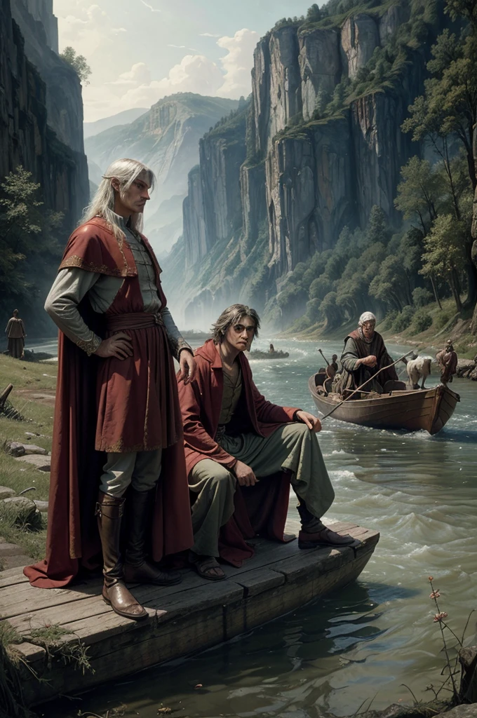 a detailed portrait of Dante Alighieri and Virgil standing by a river, observing a boat approaching the shore, the boat carrying many people, intricate details, high quality, photorealistic, dramatic lighting, cinematic composition, muted color palette, Renaissance inspired. standing by a river,