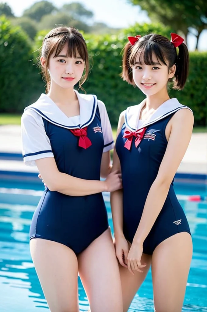 2 girls standing in school poolside,short-sleeved navy blue school swimsuit with sailor collar,18-year-old,bangs,a little smile,thighs,knees,short hair with low pigtails bunches with red ribbon bow,from below,front light