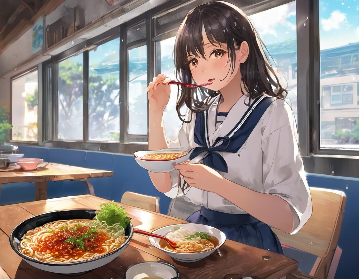 BREAK Perfect Anatomy、(High resolution:1.2)、Incredible illustrations、(Cute illustrations:1.2)、（Beautiful background） (a girl,  1.5meters, 40kg),,17-year-old,flat chest）(despair:2.0,tears:2.5)(school uniform,skirt）　(blowing ramen out of her mouth)Female student eating super spicy ramen