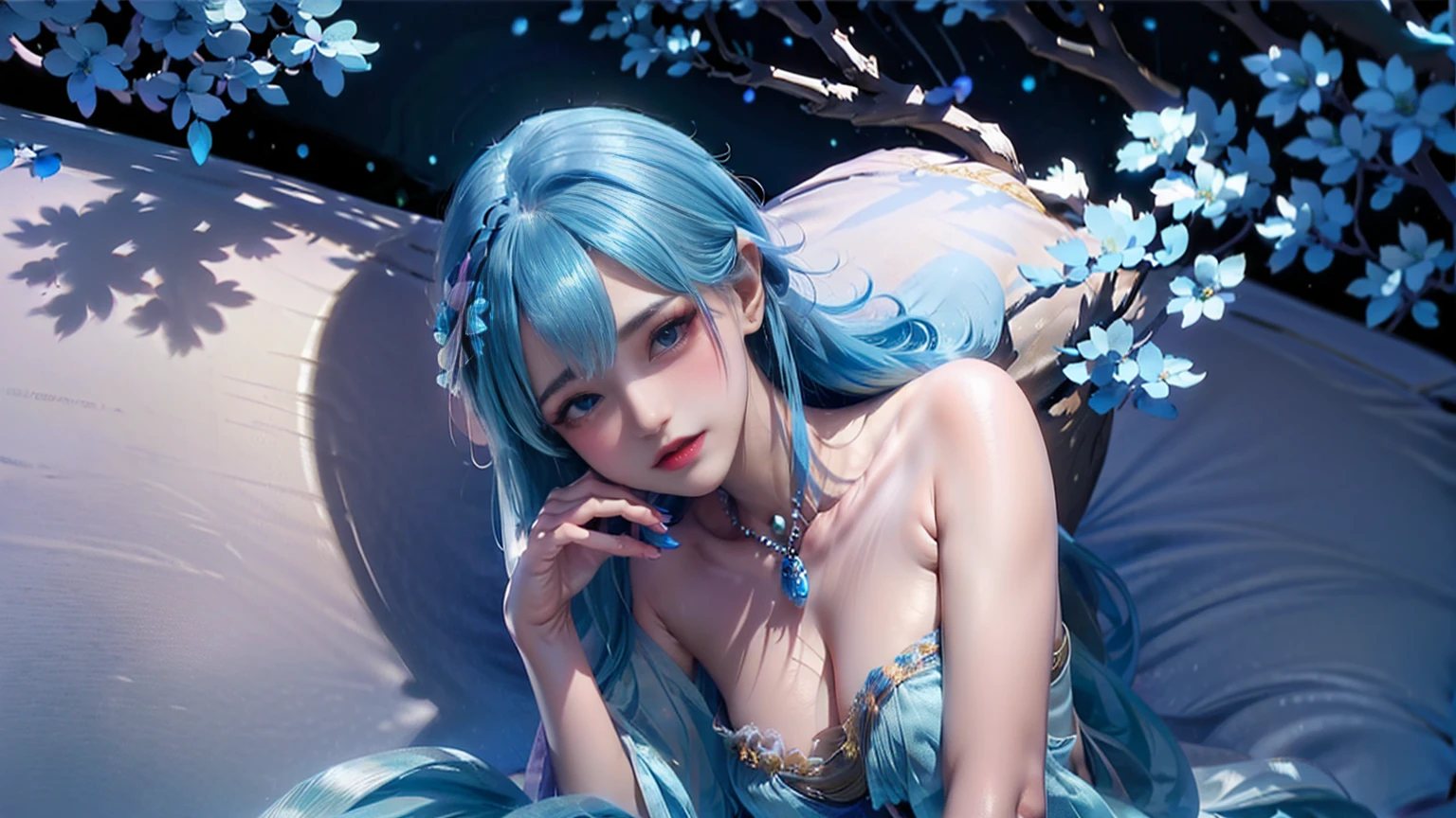 Image from above, sitting on the floor, ((1 woman, Alone, sexy, cyan blue hair, very long hair with neon light effect, intense bluish makeup, blue lips, rainbow colored eyes, Fine and detailed face.)) ((She is dressed in translucent and pearly ethereal clothing with blue feathers of exotic birds., Wear a pearl necklace, There are pearl and blue feather details throughout the dress)). sitting and posing with mystical essence, looking to the camera, innocent expression. ((al alba, light particles, sun rays illuminate it)) ((Around: mystical fluorescent tree of blue colors, pink and purple, The leaves fall softly, wind, Morning dew, magic light)) ((realist, photo-realist:1.3), Masterpiece, extremely detailed pale body, raytraced, 8k quality, whole body, sitting under the tree))