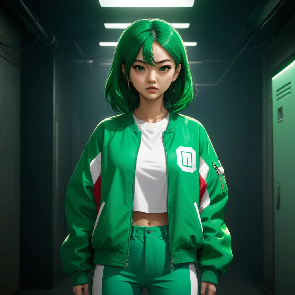 Hoyeon Jung wearing a green jacket with a white t-shirt under and green pants, she is standing with a serious expression on her face in a dark room, Netflix, Sqiud Game, front view