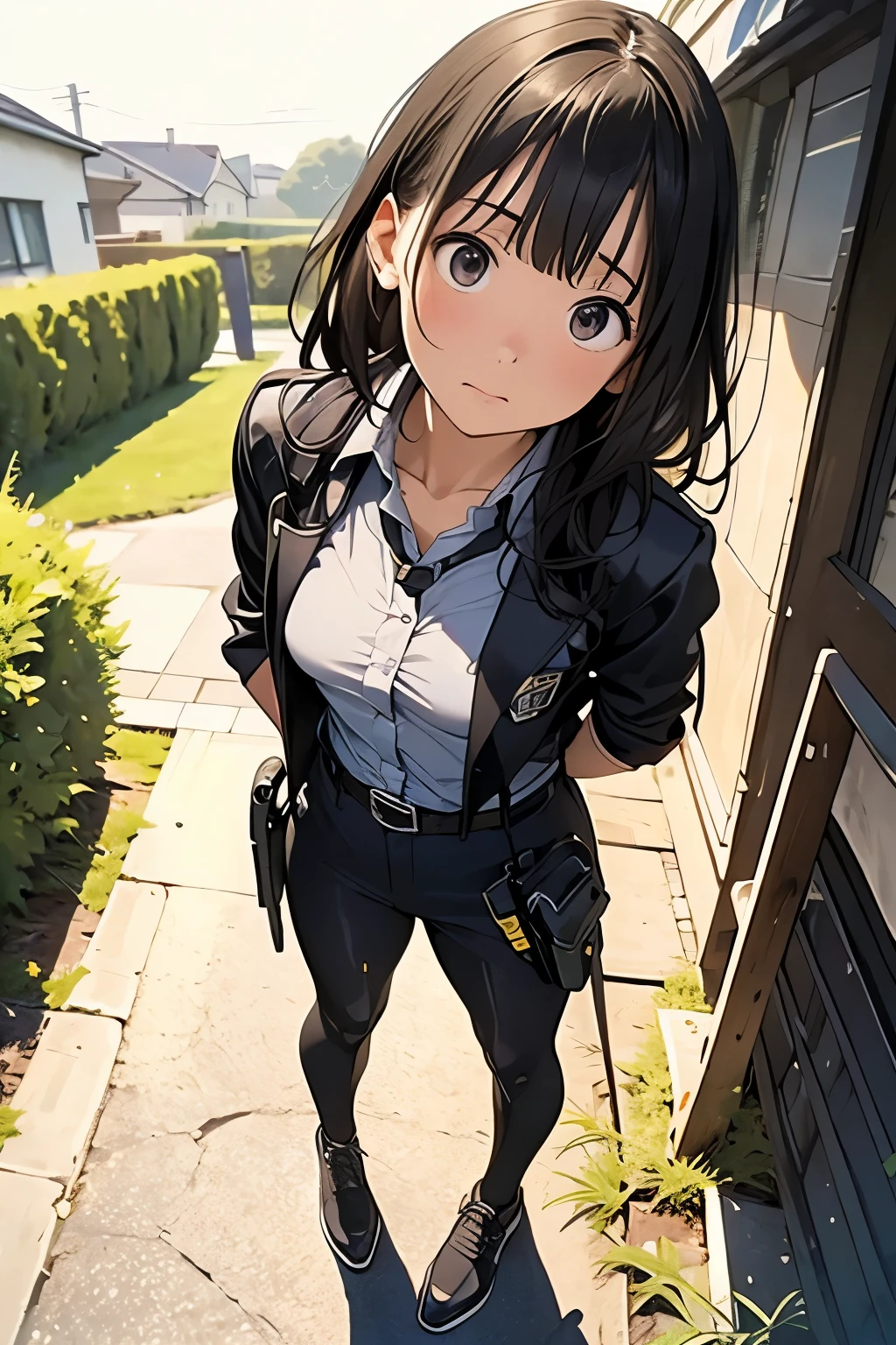 high quality, masterpiece, Ultra-high resolution, (realism: 1.4), Oil painting style, Cinema Lighting, An endless grassland dotted with a few houses, I stood on the empty asphalt road and looked at it., Fairy Mountain々was shrouded in mist, And the suspenders with the cranes flying　　　Moderate breasts　 　 　　　　Small face　 　　　holster　　　　　　　 Lying in bed　Looking up　　　　Sweat 　　　belt　summer　脇Sweat 　Black Hole Gloves　suit　shirt　　Black jacket　 Black trousers　Leg Links　ズボンにbelt　　holster　 　　Hands behind your back　 Anxious expression　Looking up　Anxious face