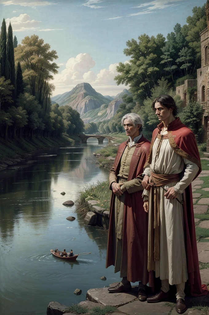 a detailed portrait of Dante Alighieri and Virgil standing by a river, observing a boat approaching the shore, the boat carrying many people, intricate details, high quality, photorealistic, dramatic lighting, cinematic composition, muted color palette, Renaissance inspired. standing by a river,