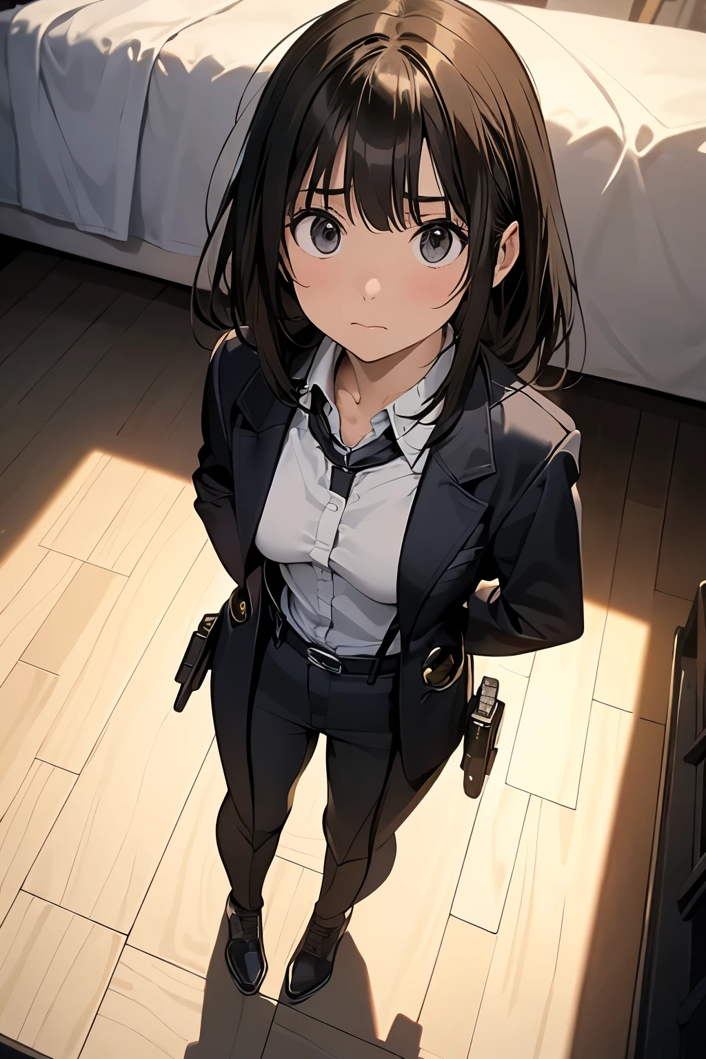 high quality, masterpiece, Ultra-high resolution, (realism: 1.4), Oil painting style, Cinema Lighting, An endless grassland dotted with a few houses, I stood on the empty asphalt road and looked at it., Fairy Mountain々was shrouded in mist, And the suspenders with the cranes flying Moderate breasts Small face holster Lying in bed Looking up Sweat belt summer 脇Sweat Black Hole Gloves suit shirt Black jacket Black trousers Leg Links ズボンにbelt holster Hands behind your back Anxious expression Looking up Anxious face