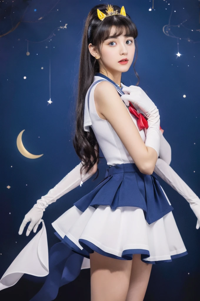 masterpiece, Highest quality, (1 Girl), Super Sailor Moon, Cowboy Lens, night sky, moonlight, night, White gloves, blue eyes, Galaxy Background, Colorful clothes, , Blue Skirt, hair ornaments, Red Bow, brooch, heart brooch, Earrings, Crescent Moon, heart necklace, heart, Very long hair, Crescent Moon moon Earrings, tiara, Yellow Necklace, boots, knee boots, Red Shoes, Long legs