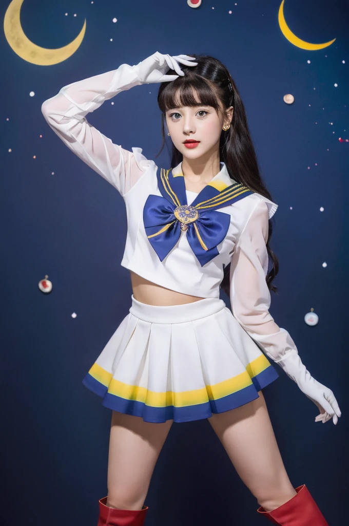 masterpiece, Highest quality, (1 Girl), Super Sailor Moon, Cowboy Lens, night sky, moonlight, night, White gloves, blue eyes, Galaxy Background, Colorful clothes, , Blue Skirt, hair ornaments, Red Bow, brooch, heart brooch, Earrings, Crescent Moon, heart necklace, heart, Very long hair, Crescent Moon moon Earrings, tiara, Yellow Necklace, boots, knee boots, Red Shoes, Long legs