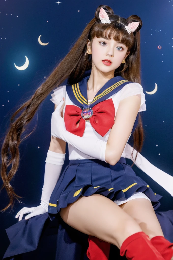 masterpiece, Highest quality, (1 Girl), Super Sailor Moon, Cowboy Lens, night sky, moonlight, night, White gloves, blue eyes, Galaxy Background, Colorful clothes, , Blue Skirt, hair ornaments, Red Bow, brooch, heart brooch, Earrings, Crescent Moon, heart necklace, heart, Very long hair, Crescent Moon moon Earrings, tiara, Yellow Necklace, boots, knee boots, Red Shoes, Long legs
