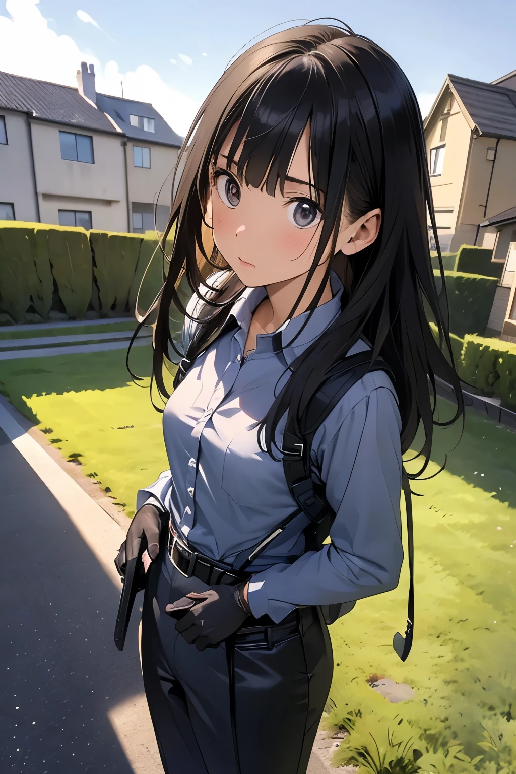 high quality, masterpiece, Ultra-high resolution, (realism: 1.4), Oil painting style, Cinema Lighting, An endless grassland dotted with a few houses, I stood on the empty asphalt road and looked at it., Fairy Mountain々was shrouded in mist, And the suspenders with the cranes flying Moderate breasts Small face holster Lying in bed Looking up Sweat belt summer 脇Sweat Black Hole Gloves suit shirt Black jacket Black trousers Leg Links ズボンにbelt holster Hands behind your back Anxious expression Looking up Anxious face