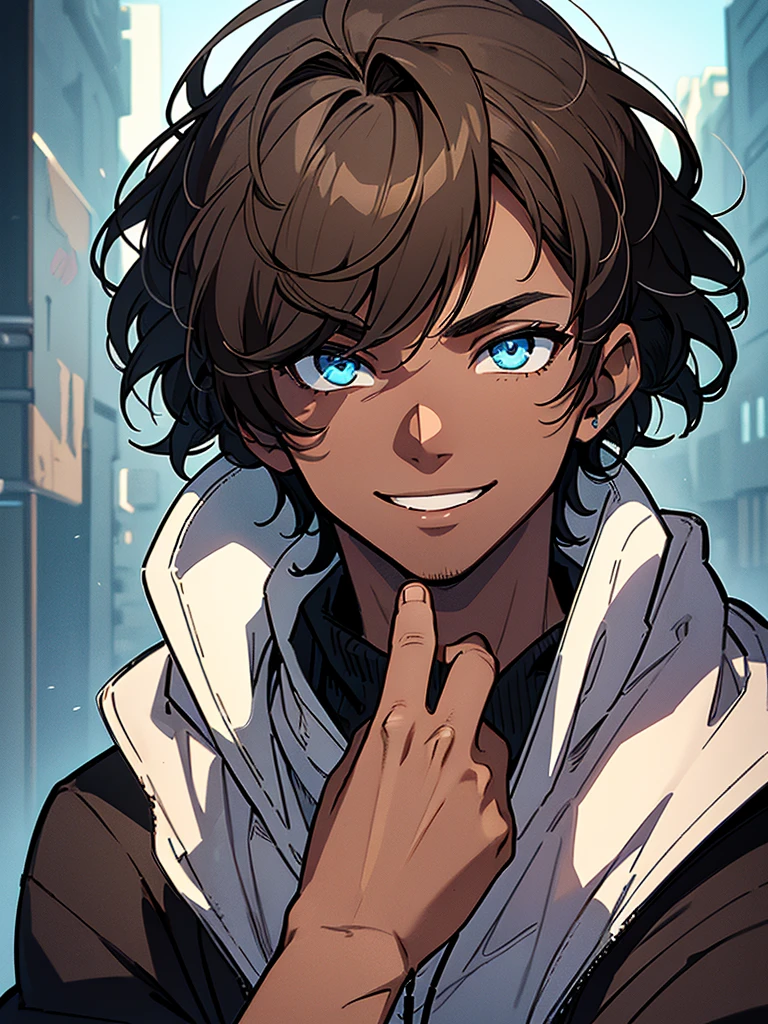 (soft shading), 4k, hi res, ((detailed face, detailed, Best quality, masterpiece, detailed anatomy, detailed eyes, detailed hands, perfect lighting, perfect shading)), 1male, human, dark brown skin body, black hair, adult body, goggles, blue hoodie and black jogger, brown eyes, smile, in the tech room