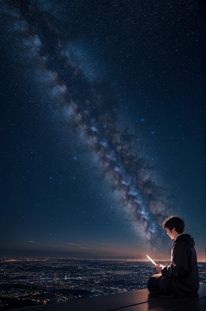 A cover frame that shows a galaxy and a 29-year-old boy observing 
