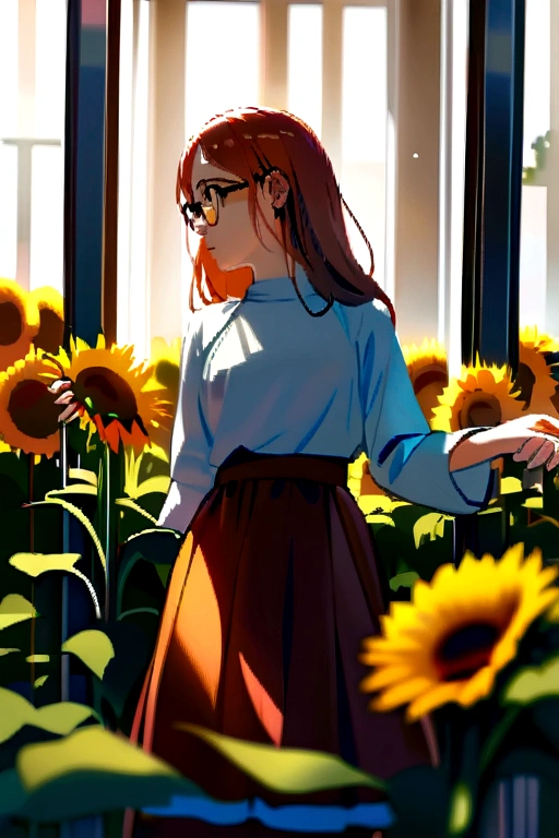 a young woman alone, with loose copper hair, brown eyes and glasses ,holding some sunflowers and a boy and a girl holding hands with her