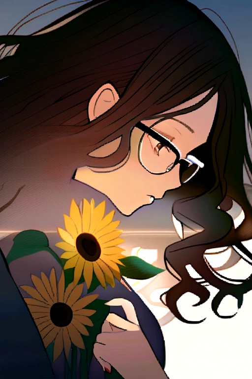 a young woman alone, with loose copper hair, brown eyes and glasses ,holding some sunflowers and a boy and a girl holding hands with her