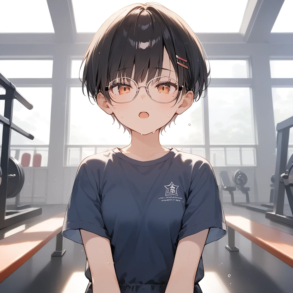 score_9, score_8_up, score_7_up, source_anime, best quality, masterpiece, official art, absurdres, highres, ultra-detailed,waifu2x,Collection: Slice of Life,break,1girl, very short hair,pixie cut, long bangs, glasses, uniform, small breasts, sweat, open mouth, (wavy mouth:0.3), indoors, gym, stretching, summer, break,(clear line illustration:1.2),very high resolution, very aesthetic, super detailed skin, Best sexual lighting powered by famous artist, 8k,cute picture,beauty illustration,photoshop_(medium),,(Detailed Lighting),best anime 8k konachan wallpaper, pixiv contest winner,