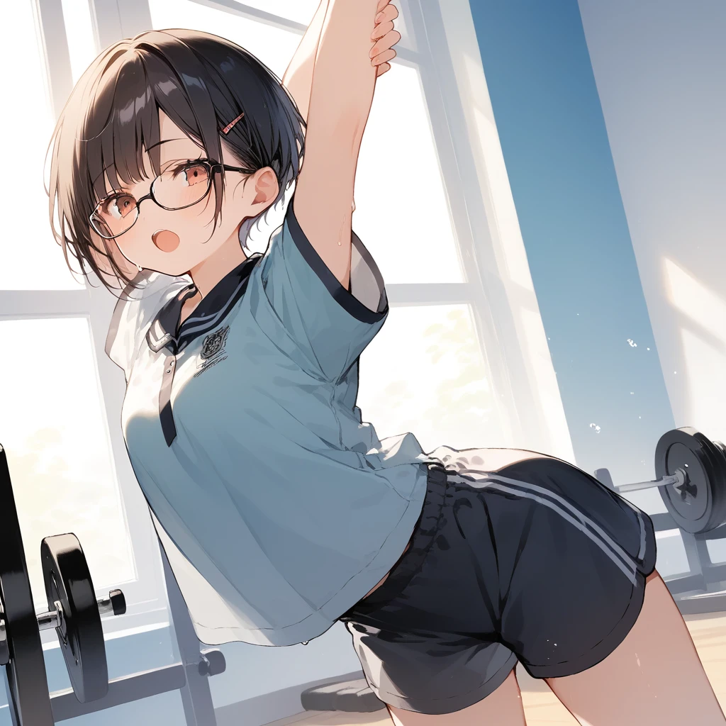 score_9, score_8_up, score_7_up, source_anime, best quality, masterpiece, official art, absurdres, highres, ultra-detailed,waifu2x,Collection: Slice of Life,break,1girl, very short hair,pixie cut, long bangs, glasses, uniform, small breasts, sweat, open mouth, (wavy mouth:0.3), indoors, gym, stretching, summer, break,(clear line illustration:1.2),very high resolution, very aesthetic, super detailed skin, Best sexual lighting powered by famous artist, 8k,cute picture,beauty illustration,photoshop_(medium),,(Detailed Lighting),best anime 8k konachan wallpaper, pixiv contest winner,
