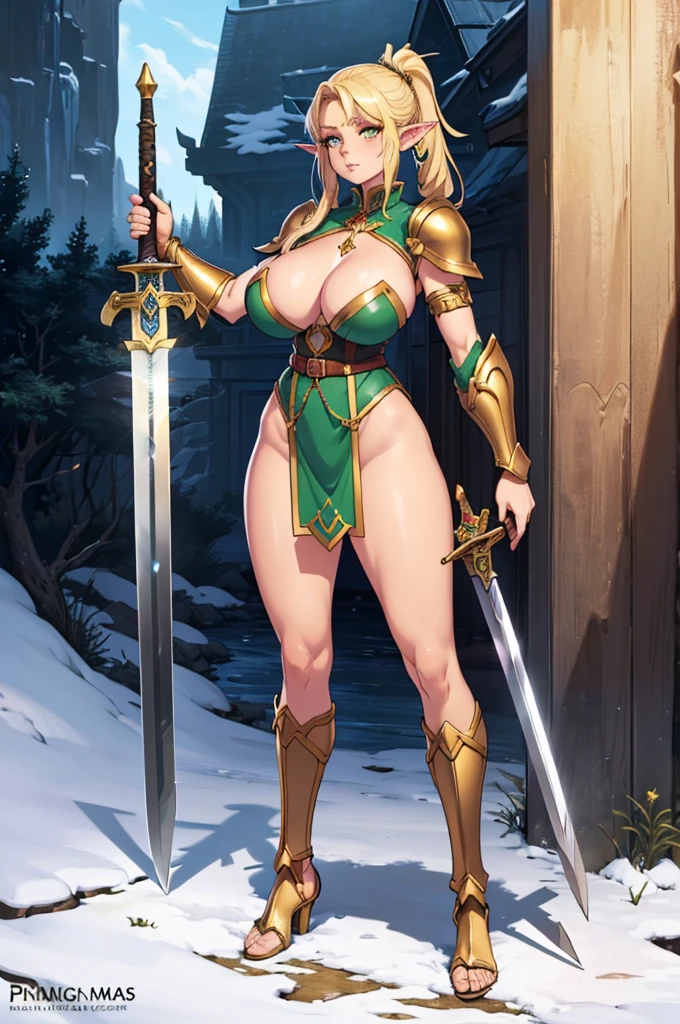 (masterpiece, best quality, high resolution, ((full body, standing,)), ((huge breasts)) an elf woman, pointed ears, golden eyes, hair tied in 2 blonde pigtails, (fantasy armor full body, sword in hand, full body