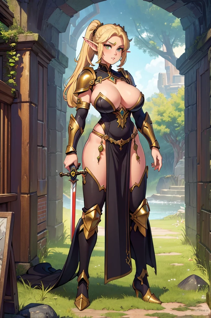 (masterpiece, best quality, high resolution, ((full body, standing,)), ((huge breasts)) an elf woman, pointed ears, golden eyes, hair tied in 2 blonde pigtails, (fantasy armor full body, sword in hand, full body
